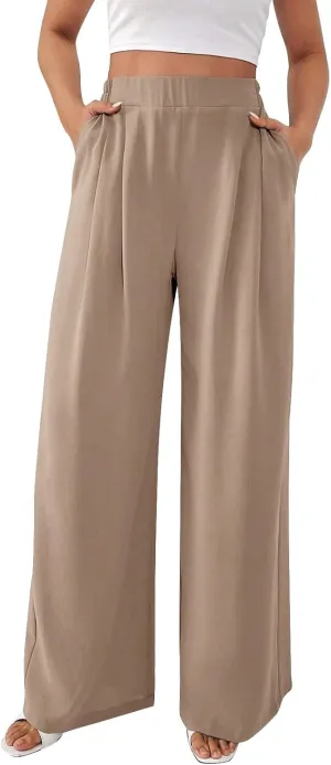 Women's Crinkle Textured Wide Leg Pants High-Waisted Cooling Summer Stretchy Lightweight Lounge to Office