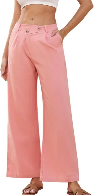 Women's Crossover Wide Leg Pants Elastic Waisted Trendy Straight Pants Asymmetrical Waist Double Button Y2K Trousers Pink L