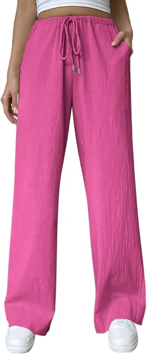 Women's Elastic High Waist Drawstring Trousers Solid Casual Straight Wide Leg Comfy Soft Loose Fittted Yoga Sweatpant