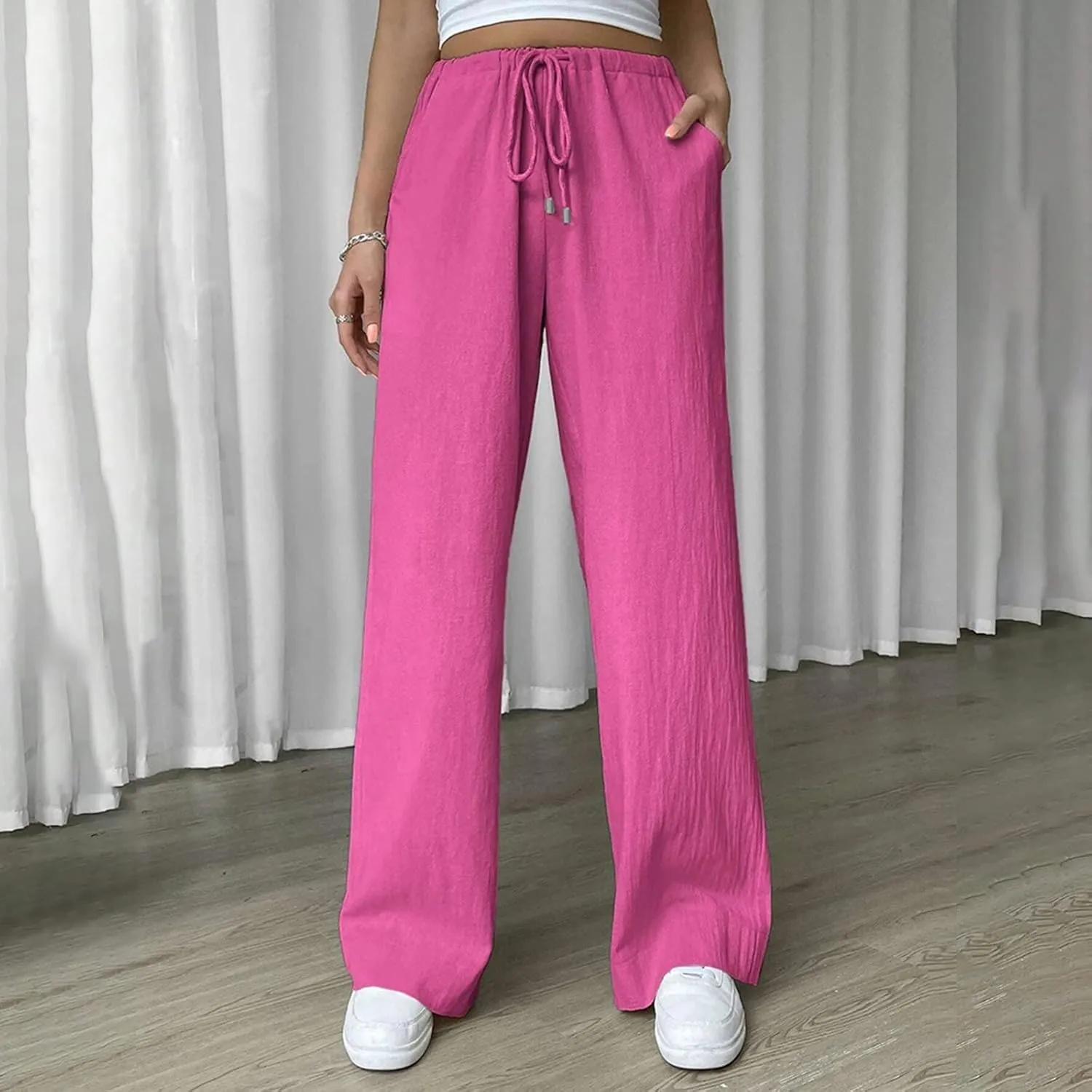 Women's Elastic High Waist Drawstring Trousers Solid Casual Straight Wide Leg Comfy Soft Loose Fittted Yoga Sweatpant