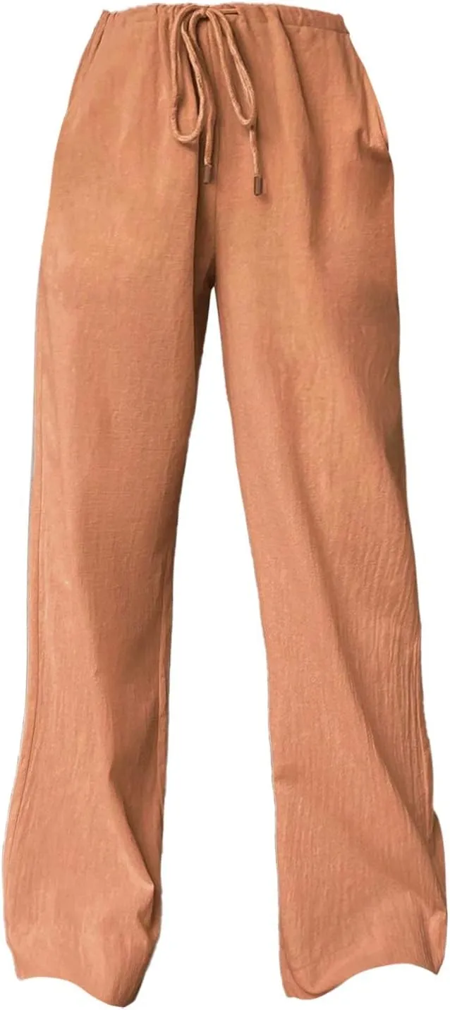 Women's Elastic High Waist Drawstring Trousers Solid Casual Straight Wide Leg Comfy Soft Loose Fittted Yoga Sweatpant