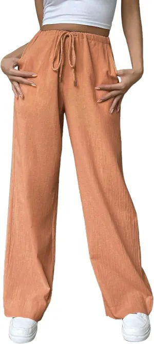 Women's Elastic High Waist Drawstring Trousers Solid Casual Straight Wide Leg Comfy Soft Loose Fittted Yoga Sweatpant