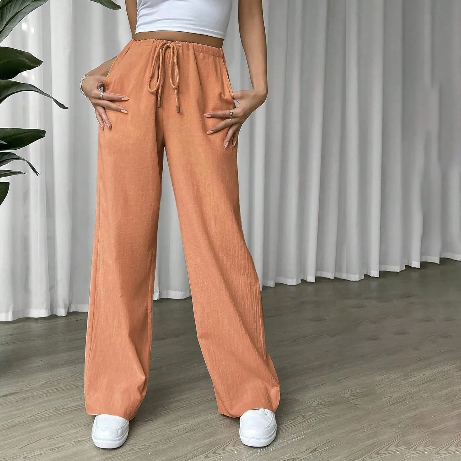 Women's Elastic High Waist Drawstring Trousers Solid Casual Straight Wide Leg Comfy Soft Loose Fittted Yoga Sweatpant