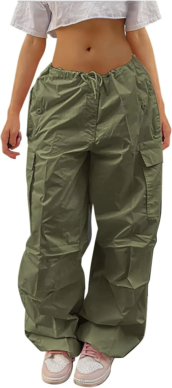 Women's Elastic Mid Waisted Drawstring Cargo Pants Solid Wide Straight Leg Casual Trousers Summer Street Lightweight Pants