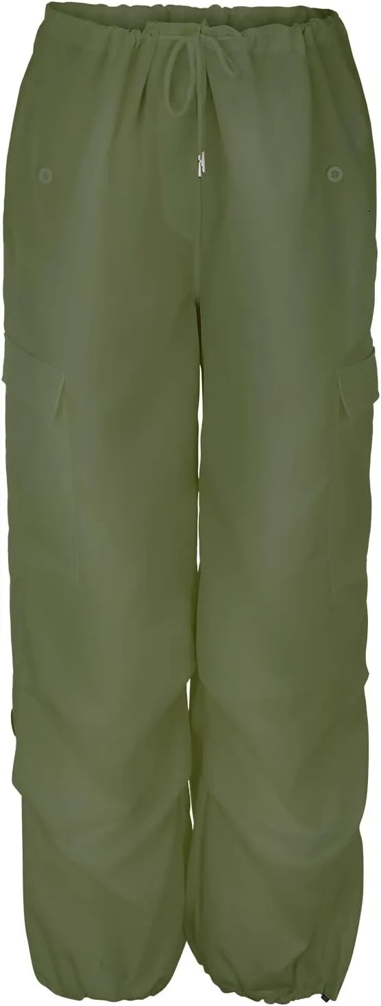 Women's Elastic Mid Waisted Drawstring Cargo Pants Solid Wide Straight Leg Casual Trousers Summer Street Lightweight Pants