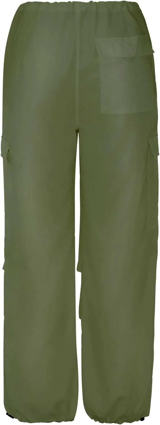Women's Elastic Mid Waisted Drawstring Cargo Pants Solid Wide Straight Leg Casual Trousers Summer Street Lightweight Pants