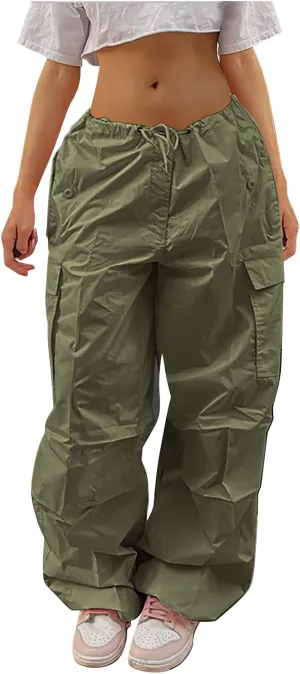Women's Elastic Mid Waisted Drawstring Cargo Pants Solid Wide Straight Leg Casual Trousers Summer Street Lightweight Pants