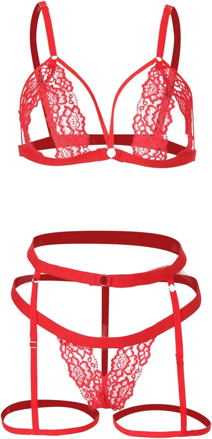 Women's Exotic Apparel Women's Two Piece Underwire Lingerie Set Bow Knot Cut Out Halter Bra and Panty Sleepwear