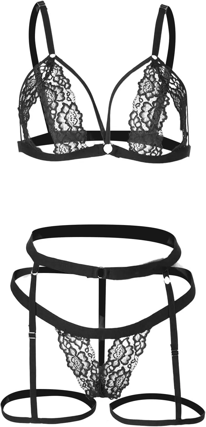 Women's Exotic Apparel Women's Two Piece Underwire Lingerie Set Bow Knot Cut Out Halter Bra and Panty Sleepwear