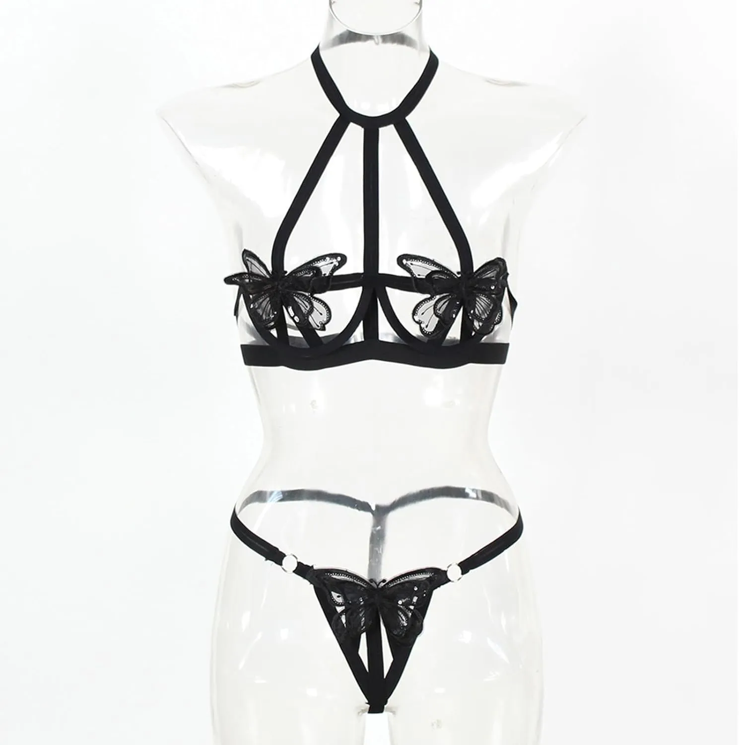 Women's Exotic Apparel Women's Two Piece Underwire Lingerie Set Bow Knot Cut Out Halter Bra and Panty Sleepwear