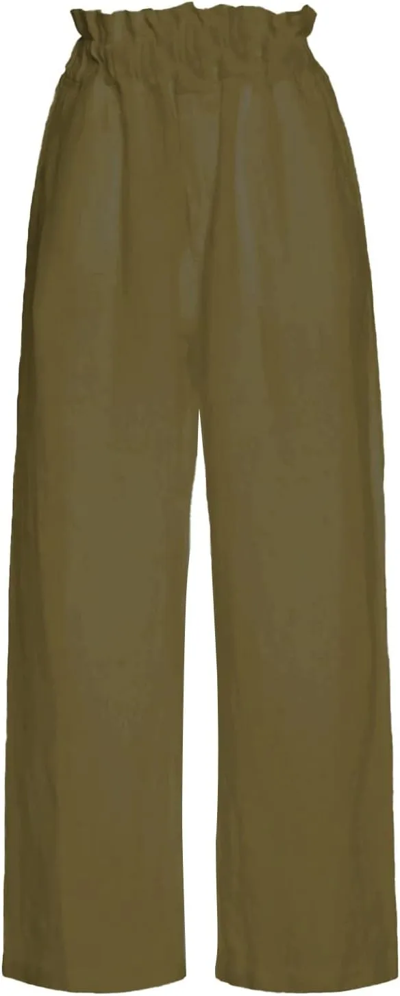 Women's Fashion Cotton Linen Paperbag Trousers Solid Color Loose Fit High Waisted Straight Wide Leg Pants with Pockets
