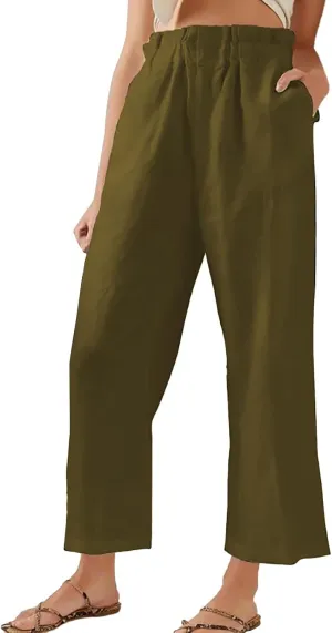 Women's Fashion Cotton Linen Paperbag Trousers Solid Color Loose Fit High Waisted Straight Wide Leg Pants with Pockets