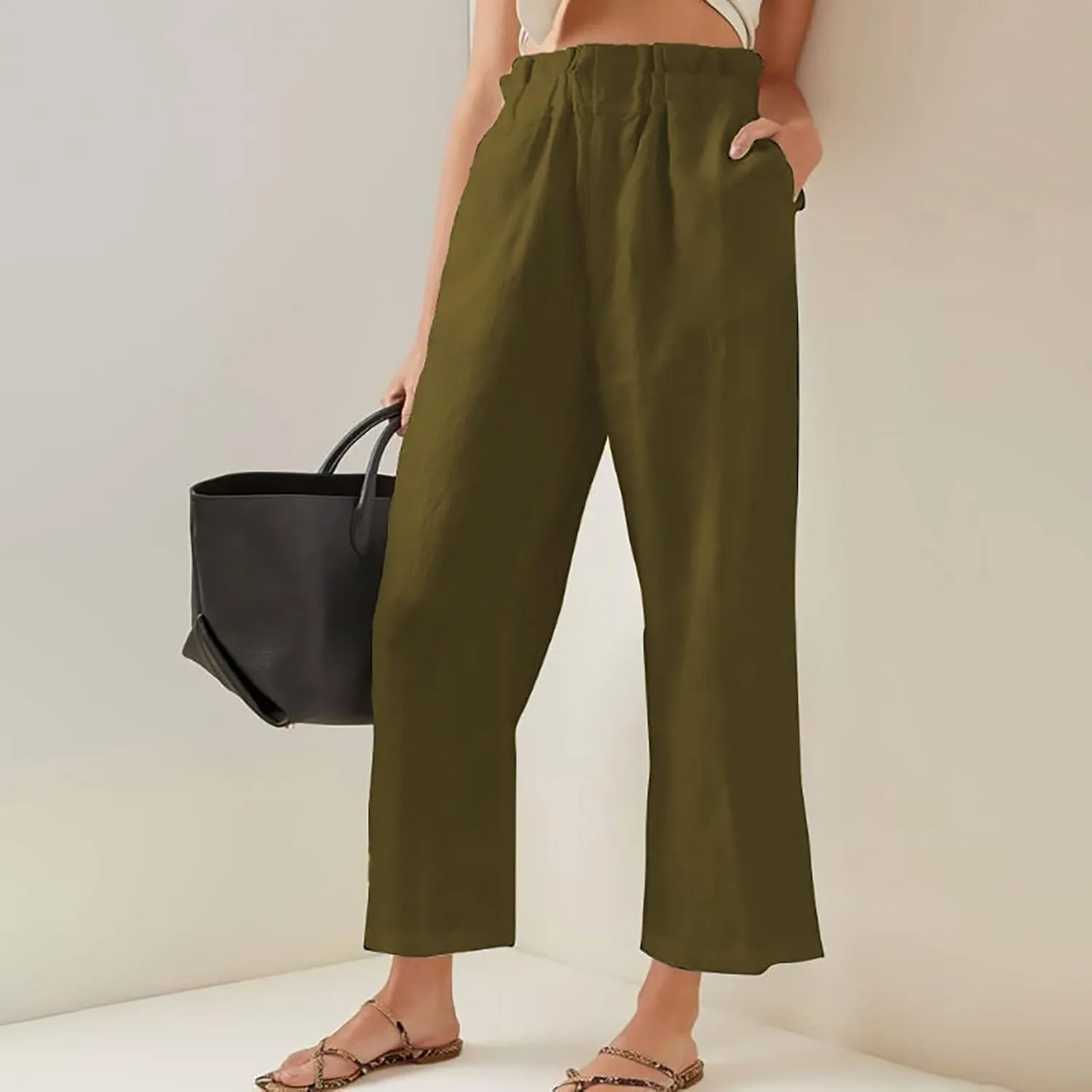 Women's Fashion Cotton Linen Paperbag Trousers Solid Color Loose Fit High Waisted Straight Wide Leg Pants with Pockets