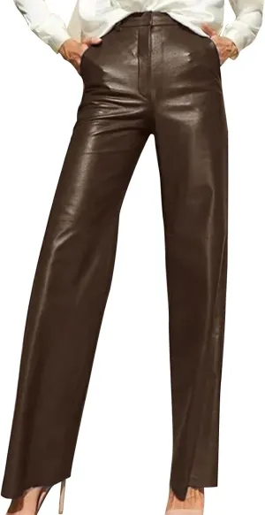 Women's Faux Leather Pants Button Straight Leg Trousers with Pockets Solid Color Retro Versatile High Waisted Pants