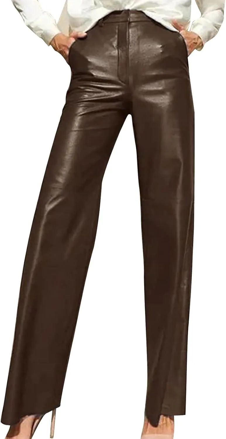 Women's Faux Leather Pants Button Straight Leg Trousers with Pockets Solid Color Retro Versatile High Waisted Pants