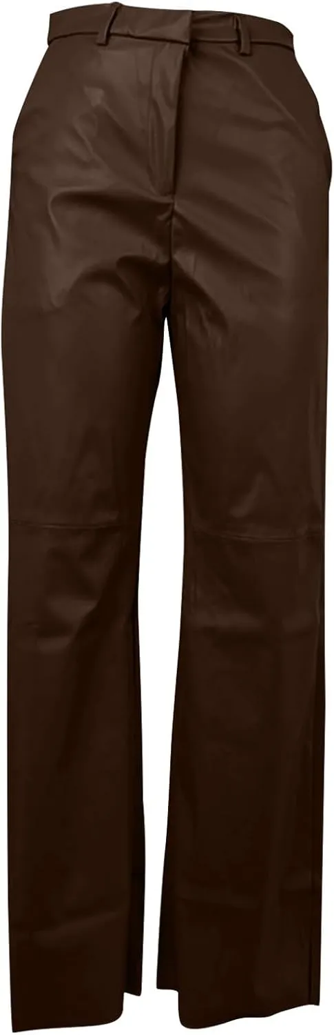 Women's Faux Leather Pants Button Straight Leg Trousers with Pockets Solid Color Retro Versatile High Waisted Pants