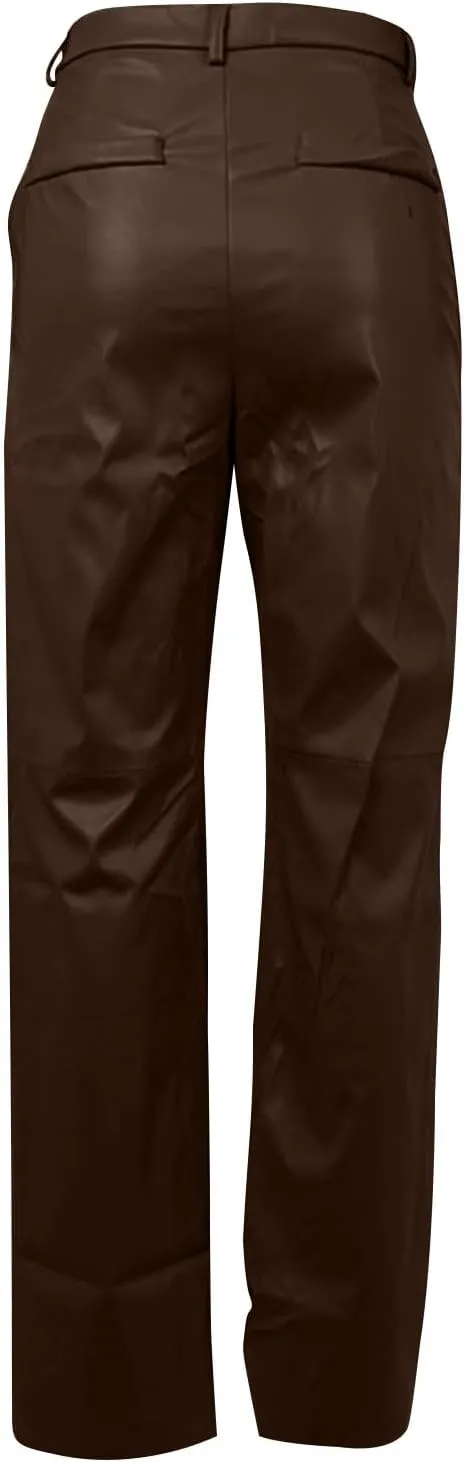 Women's Faux Leather Pants Button Straight Leg Trousers with Pockets Solid Color Retro Versatile High Waisted Pants