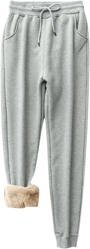 Womens Fleece Sherpa Lined Sweatpants Lounge Cozy Drawstring High Waist Trousers Winter Thermal Joggers with Pockets