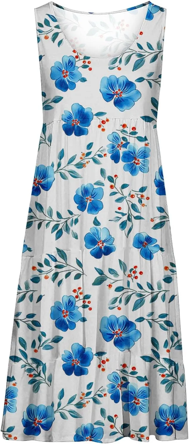 Women's Floral Print Dress Sleeveless Crewneck Summer Swing A-Line Dress Beach Casual Loose Sundress