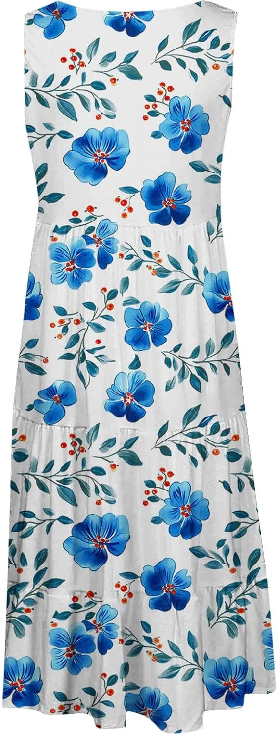 Women's Floral Print Dress Sleeveless Crewneck Summer Swing A-Line Dress Beach Casual Loose Sundress