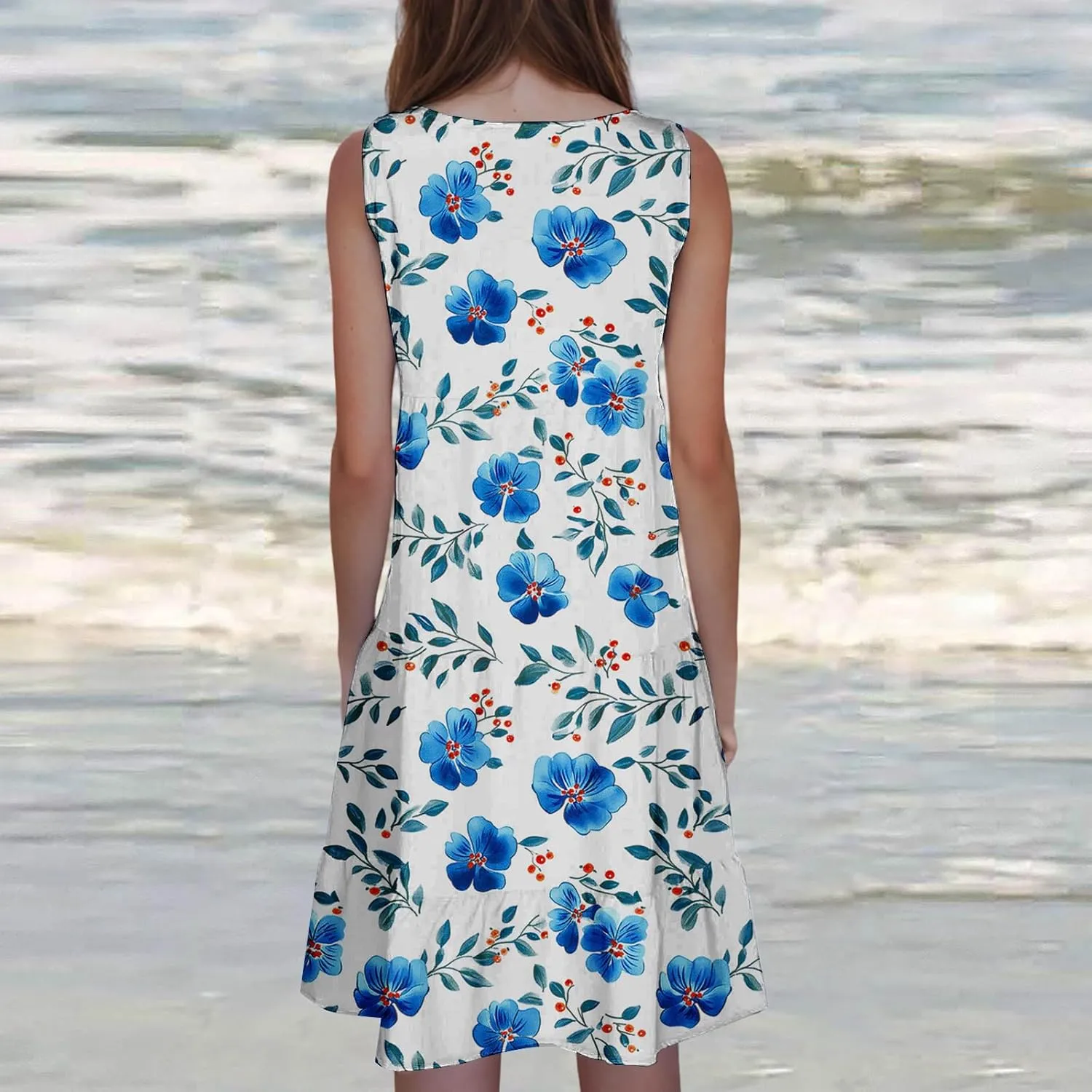 Women's Floral Print Dress Sleeveless Crewneck Summer Swing A-Line Dress Beach Casual Loose Sundress
