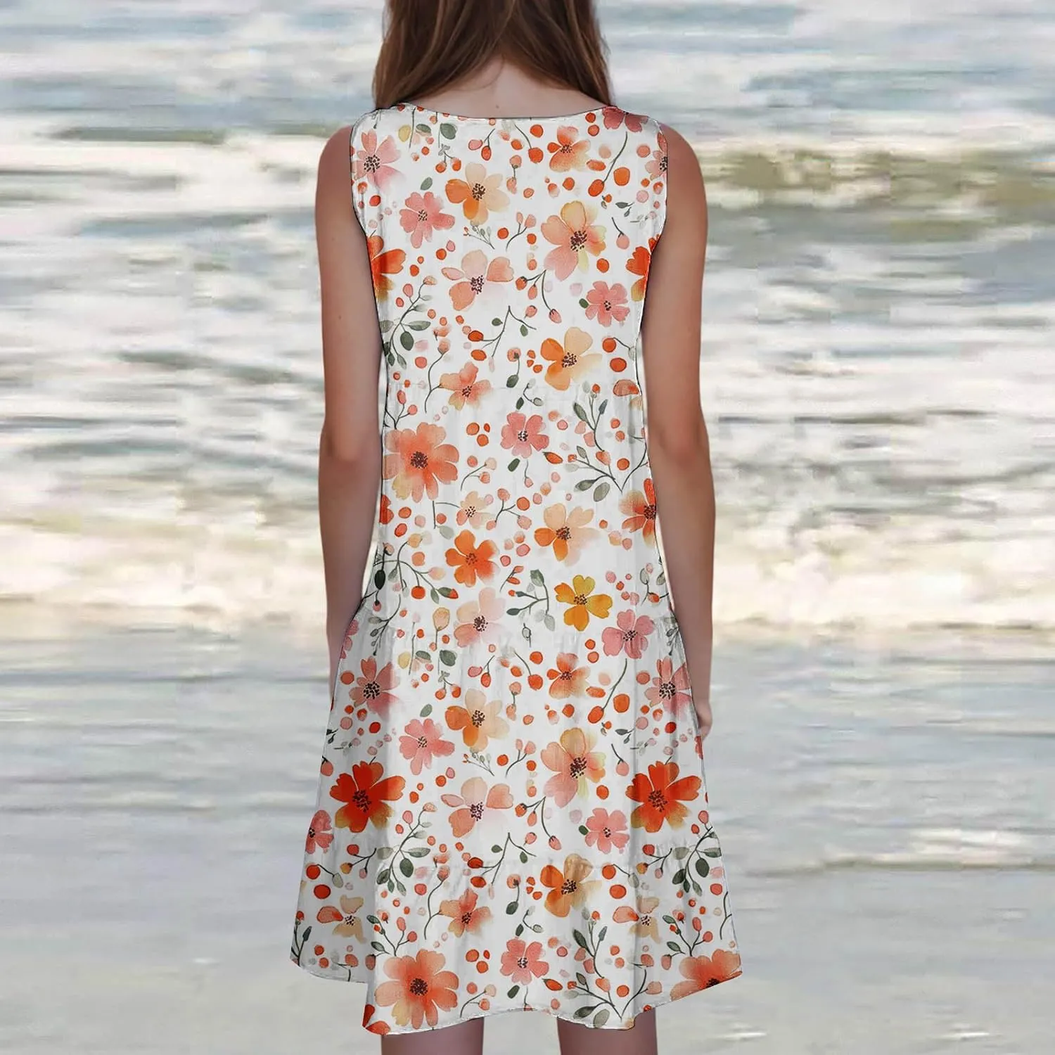 Women's Floral Print Dress Sleeveless Crewneck Summer Swing A-Line Dress Beach Casual Loose Sundress