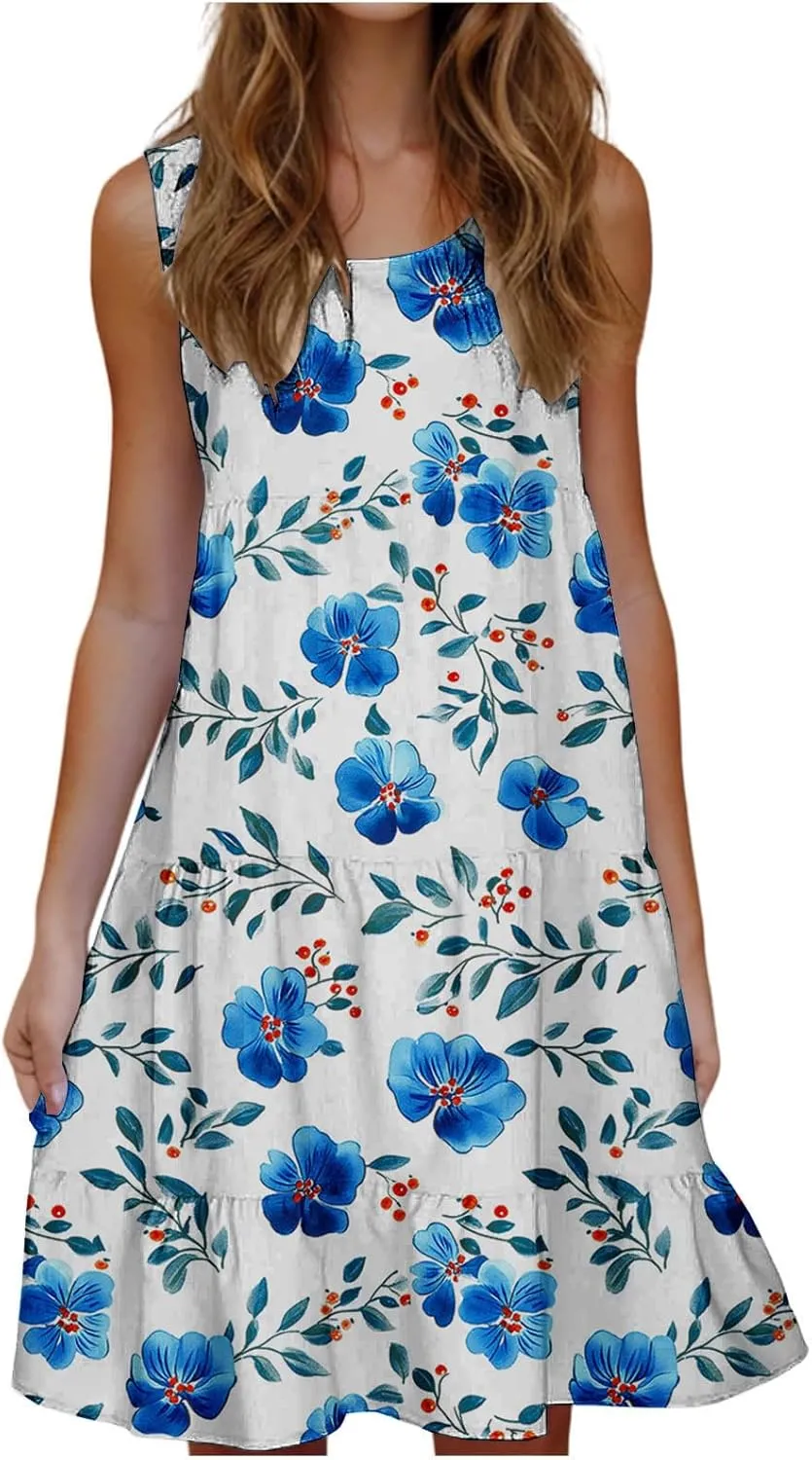 Women's Floral Print Dress Sleeveless Crewneck Summer Swing A-Line Dress Beach Casual Loose Sundress