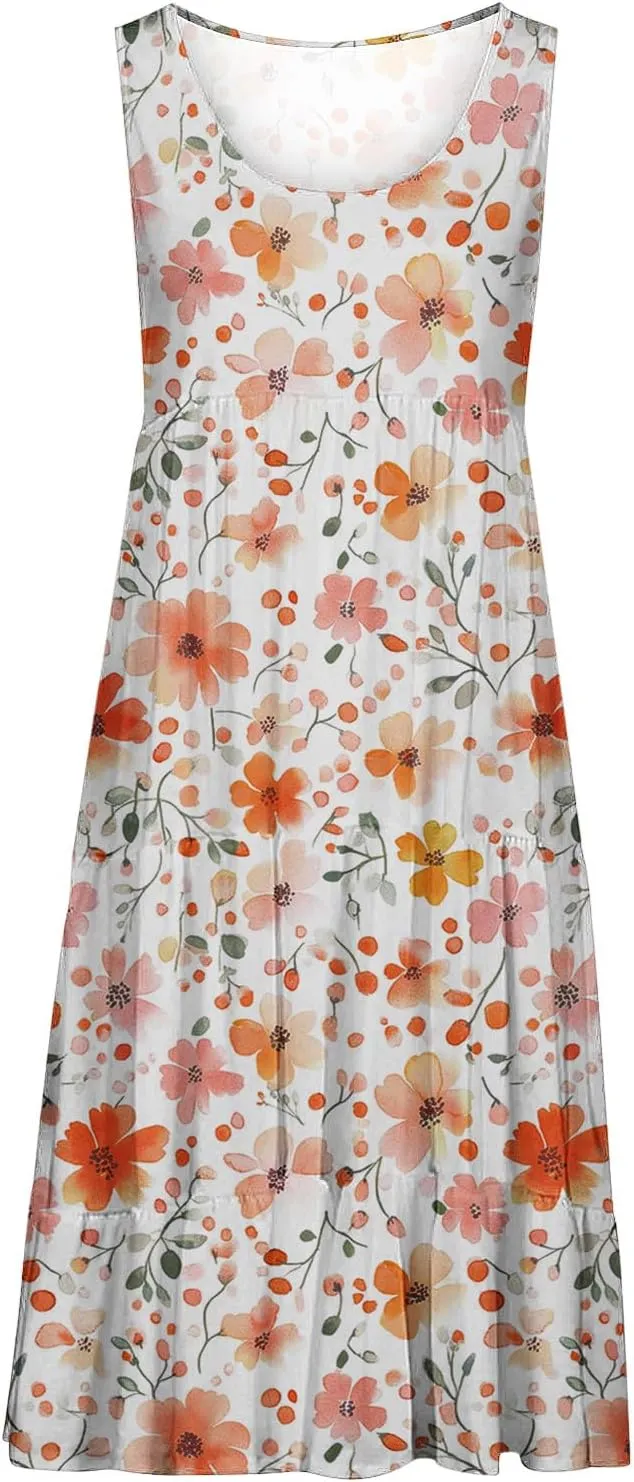 Women's Floral Print Dress Sleeveless Crewneck Summer Swing A-Line Dress Beach Casual Loose Sundress