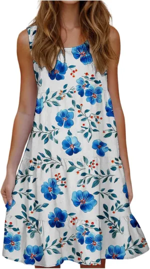 Women's Floral Print Dress Sleeveless Crewneck Summer Swing A-Line Dress Beach Casual Loose Sundress