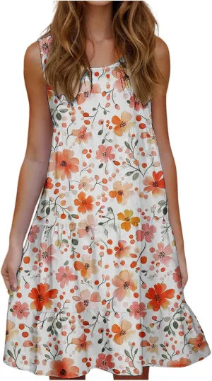 Women's Floral Print Dress Sleeveless Crewneck Summer Swing A-Line Dress Beach Casual Loose Sundress
