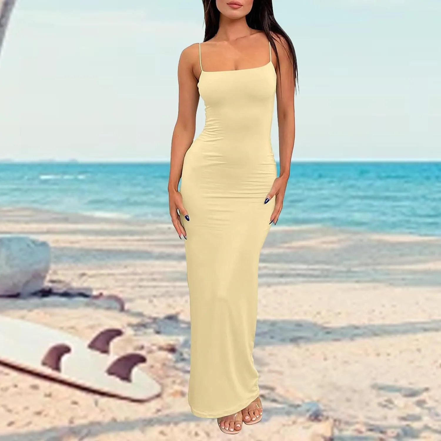 Womens Full Slip Dress Sexy Spaghetti Strap Bodycon Maxi Dresses Summer Elegant Cocktail Party Casual Long Dress
