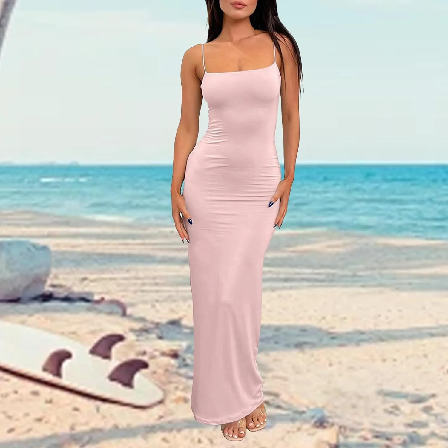 Womens Full Slip Dress Sexy Spaghetti Strap Bodycon Maxi Dresses Summer Elegant Cocktail Party Casual Long Dress