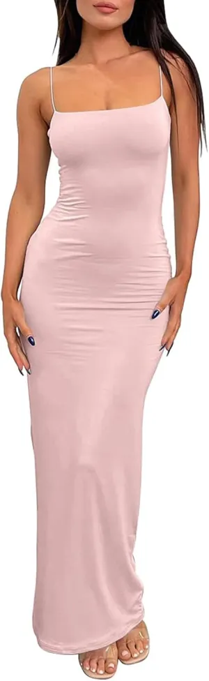 Womens Full Slip Dress Sexy Spaghetti Strap Bodycon Maxi Dresses Summer Elegant Cocktail Party Casual Long Dress