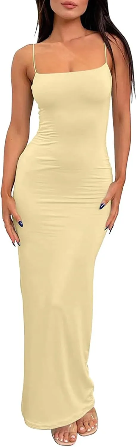 Womens Full Slip Dress Sexy Spaghetti Strap Bodycon Maxi Dresses Summer Elegant Cocktail Party Casual Long Dress