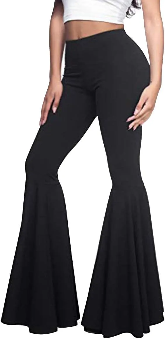 Womens High Waisted Bell Bottom Pants Mermaid Ruffle Flare Pants High Fashion Palazzo Pant Yoga Pants Leggings