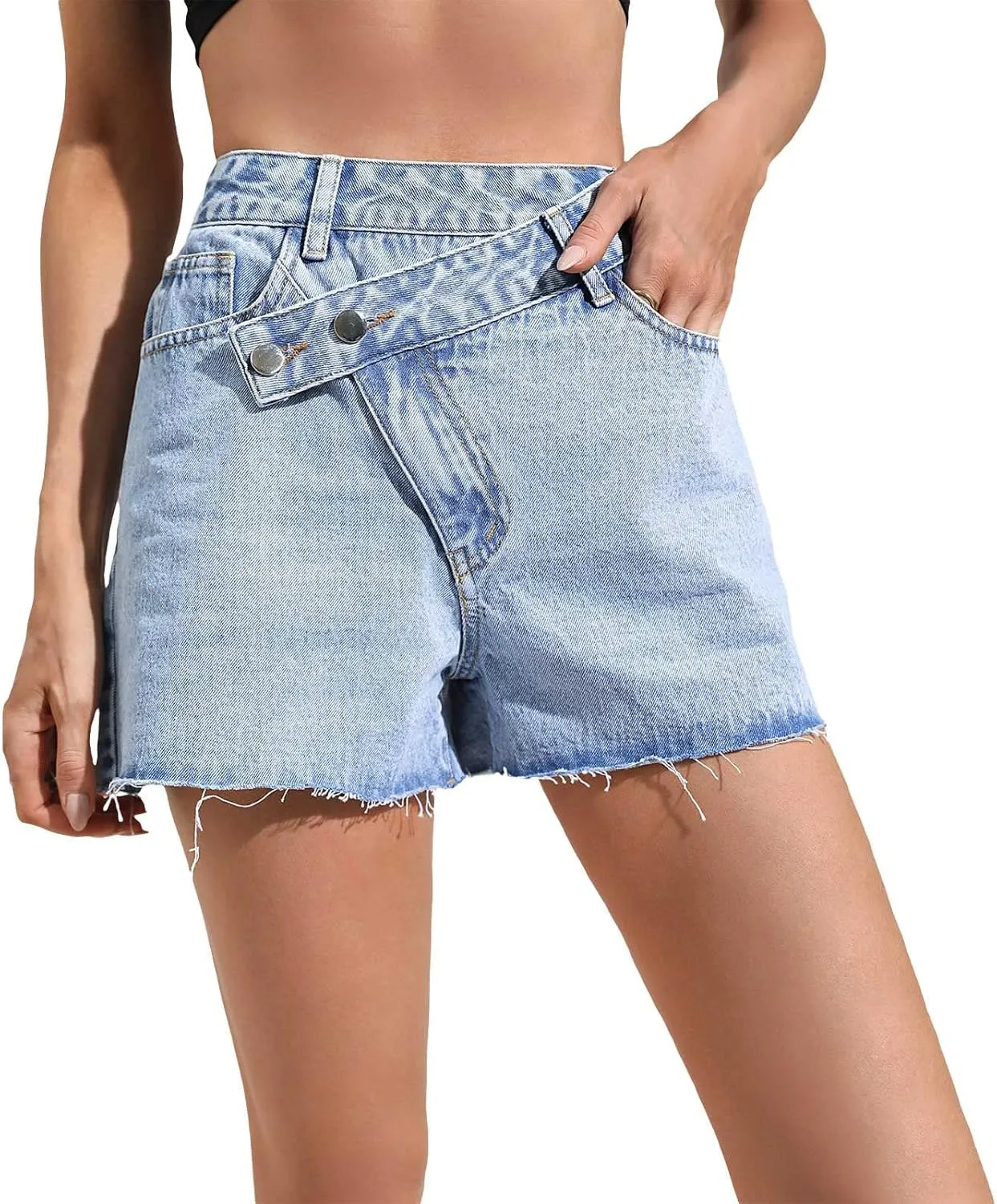 Women's High Waisted Distressed Washed Button Denim Shorts Summer Cotton Lightweight Premium Fabric Straight Wide Leg Shorts