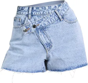 Women's High Waisted Distressed Washed Button Denim Shorts Summer Cotton Lightweight Premium Fabric Straight Wide Leg Shorts