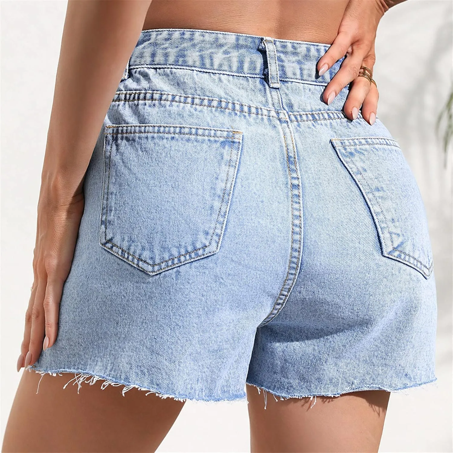 Women's High Waisted Distressed Washed Button Denim Shorts Summer Cotton Lightweight Premium Fabric Straight Wide Leg Shorts
