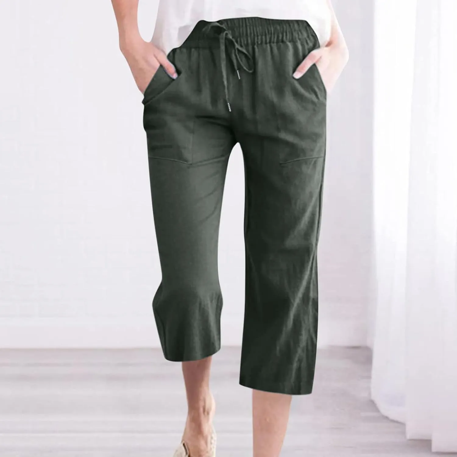 Women's Joggers Casual Straight Leg Capri Soft Pants Elastic Waist Lightweight Beach Capri Trouser with Pockets