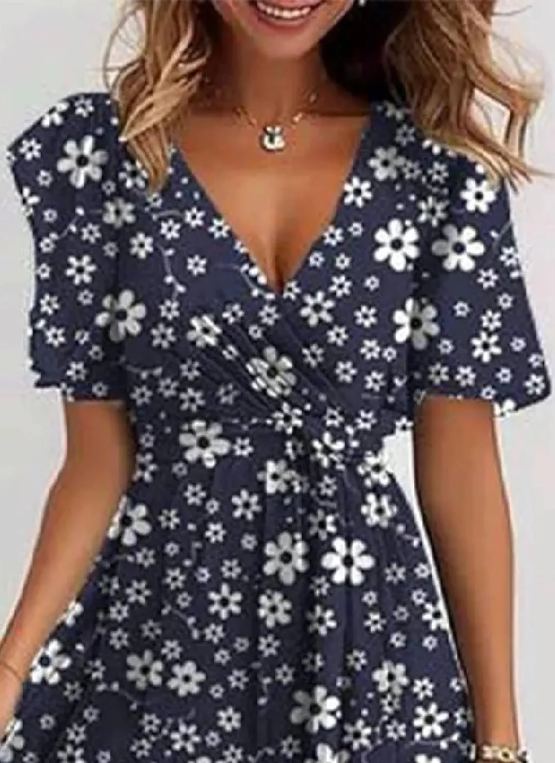 Women's Lace up Wrap Midi Dresses Short Sleeve V-Neck Dress Elegant Floral A-Line Dresses Going Out A-Line Flowy Dress