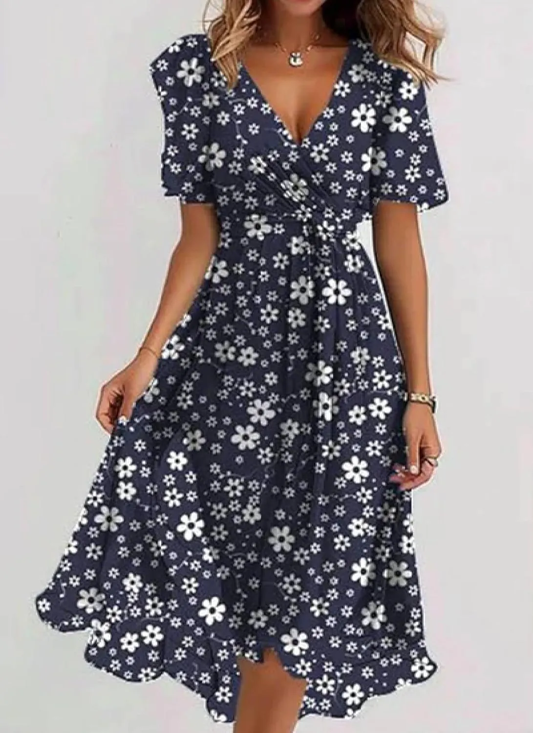 Women's Lace up Wrap Midi Dresses Short Sleeve V-Neck Dress Elegant Floral A-Line Dresses Going Out A-Line Flowy Dress