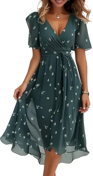 Women's Lace up Wrap Midi Dresses Short Sleeve V-Neck Dress Elegant Floral A-Line Dresses Going Out A-Line Flowy Dress