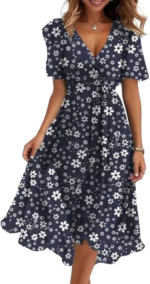 Women's Lace up Wrap Midi Dresses Short Sleeve V-Neck Dress Elegant Floral A-Line Dresses Going Out A-Line Flowy Dress