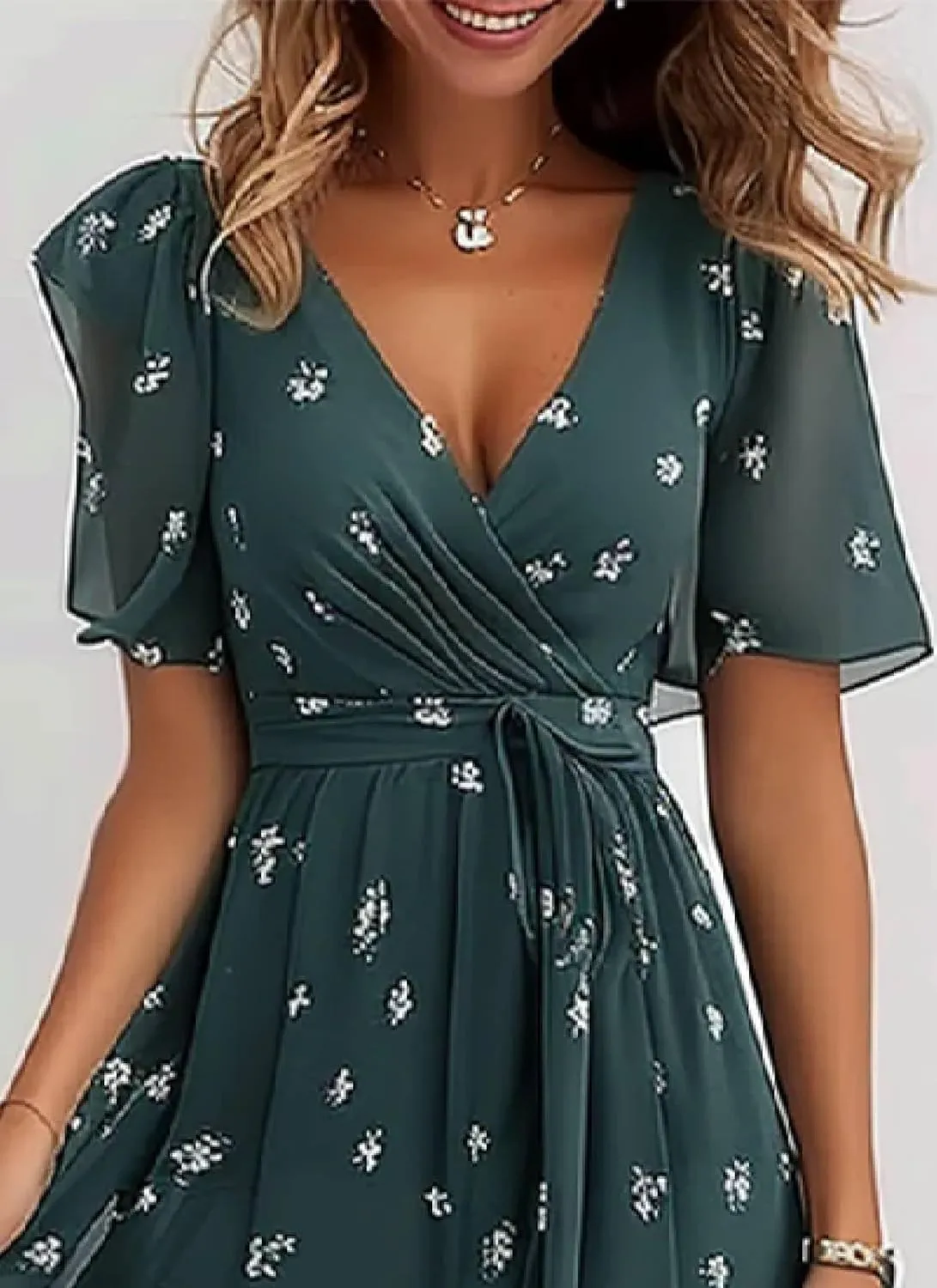 Women's Lace up Wrap Midi Dresses Short Sleeve V-Neck Dress Elegant Floral A-Line Dresses Going Out A-Line Flowy Dress
