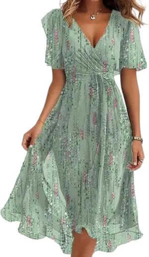 Women's Lace up Wrap Midi Dresses Short Sleeve V-Neck Dress Elegant Floral A-Line Dresses Going Out A-Line Flowy Dress