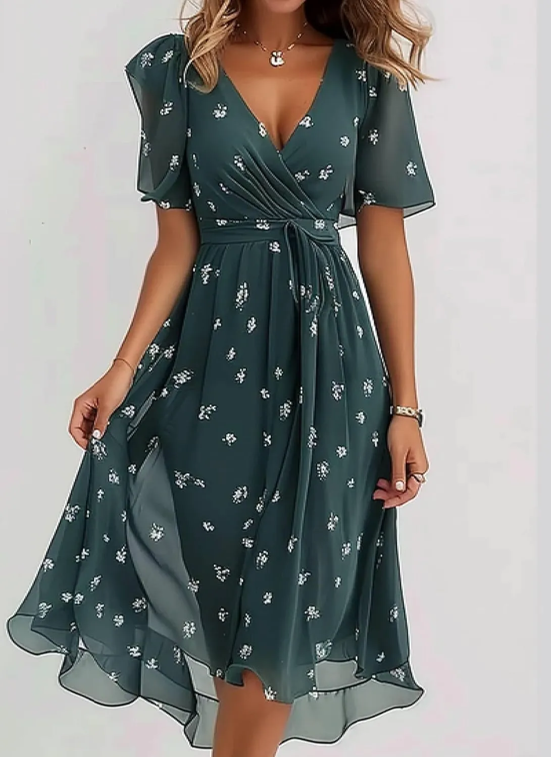 Women's Lace up Wrap Midi Dresses Short Sleeve V-Neck Dress Elegant Floral A-Line Dresses Going Out A-Line Flowy Dress