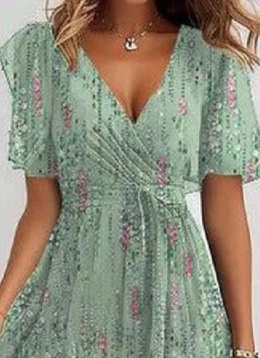 Women's Lace up Wrap Midi Dresses Short Sleeve V-Neck Dress Elegant Floral A-Line Dresses Going Out A-Line Flowy Dress
