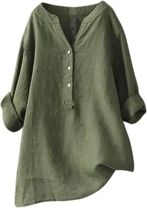 Women's Linen Shirts V-Neck Button Down Blouse Bohemian Beach Tee Shirt Short Sleeve Loose T-Shirts