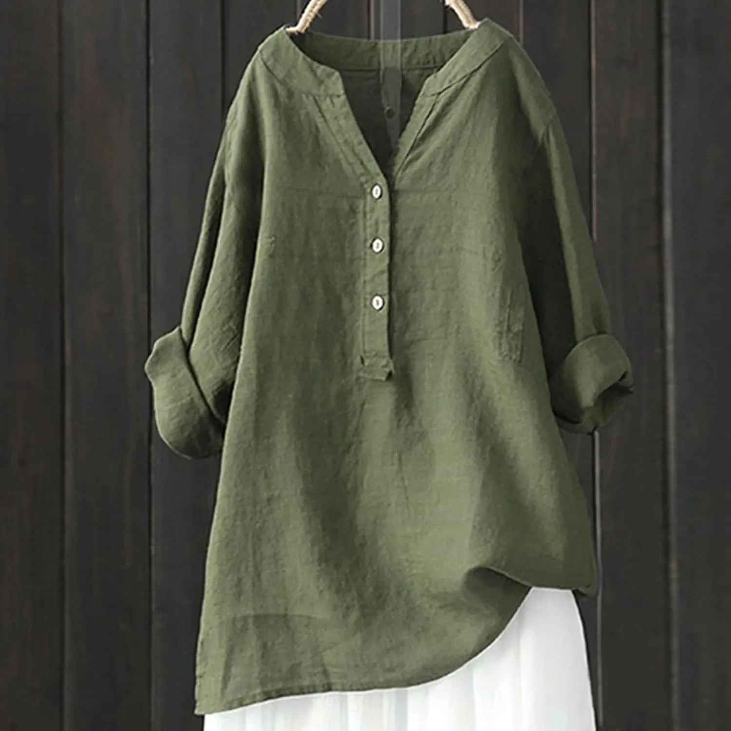 Women's Linen Shirts V-Neck Button Down Blouse Bohemian Beach Tee Shirt Short Sleeve Loose T-Shirts
