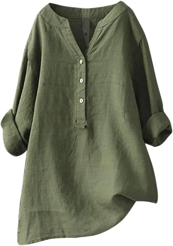 Women's Linen Shirts V-Neck Button Down Blouse Bohemian Beach Tee Shirt Short Sleeve Loose T-Shirts